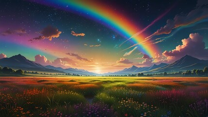 Obraz premium Vibrant double rainbow over a colorful, sunlit field with rolling hills.