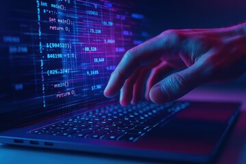 Creative coder hand over backlit laptop keyboard with flowing neon data streams abstract lines and numbers concept of innovation and productivity