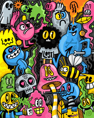 Whimsical doodle art featuring colorful cartoon characters, perfect for adding a playful and energetic vibe to designs and creative projects with unique flair