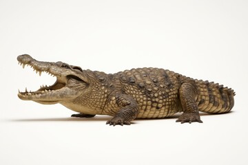 Studio shot of Nile crocodile full body profile with open jaws isolated on pure white background high detail scales teeth and texture wildlife conservation concept
