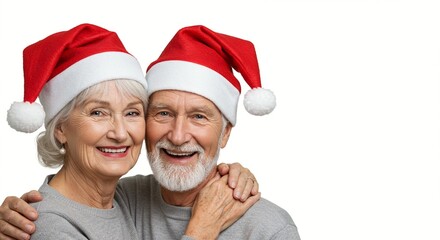 Festive seniors spreading holiday cheer with Santa hats and smiles. A warm, loving moment captured against a clean backdrop for Christmas.