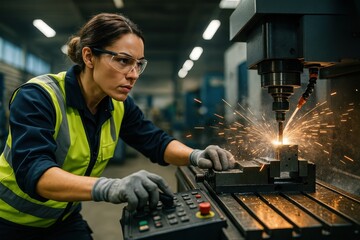 Skilled female engineer operating advanced CNC machinery in a clean industrial workshop inclusion safety and modern manufacturing workforce