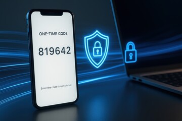 Passkey and authenticator app verifying identity across laptop and phone with zero trust multi factor security and encrypted connection