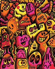 Whimsical monster doodle art for playful designs, vibrant and energetic cartoon character mashup in pink, orange and yellow for a fun, creative project