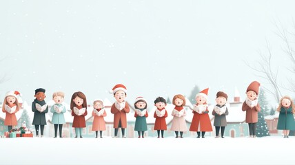Joyful diverse group of children caroling during festive winter holidays, spreading christmas spirit and community music in snowy village celebration.