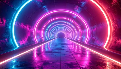 A futuristic tunnel glows with vibrant neon pink and blue lights, creating a mesmerizing and otherworldly atmosphere.