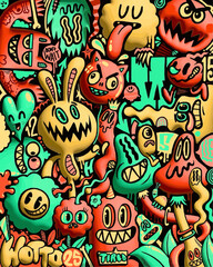 Whimsical cartoon doodle illustration with colorful monsters and playful expressions, perfect for vibrant designs and creative projects with a fun, quirky vibe