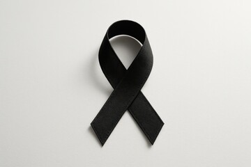 Elegant mourning ribbon curled into loop on pure white background minimal memorial symbol with soft shadow and high detail macro studio lighting