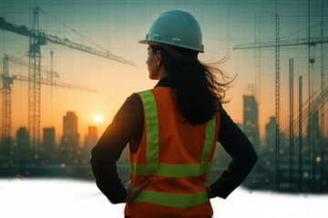 Female civil engineer in hard hat overlooking skyline with double exposure of cranes rebar and blueprint lines for construction planning leadership