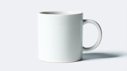 Obraz premium シンプルなデザインの白い無地の陶器製マグカップを明るい白背景で撮影したクローズアップ
