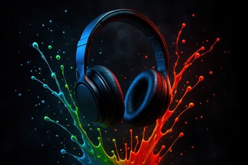 Vibrant neon splashes surround wireless headphones blasting dynamic sound waves modern music energy on black background with glowing paint droplets