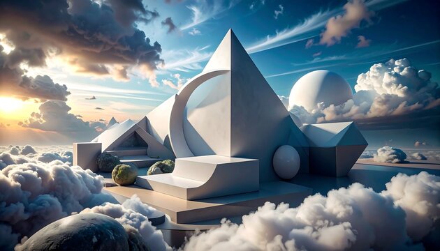 A serene, geometric structure floats amidst fluffy clouds, bathed in the warm glow of a sunrise, showcasing a tranquil and otherworldly atmosphere.