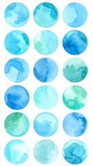 Twenty circular watercolor washes in shades of blue and teal