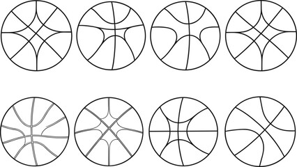 Basketball pattern icons, abstract ball design, circular graphics, black vector, sports symbol, geometric style, game element, silhouette set, unique shapes