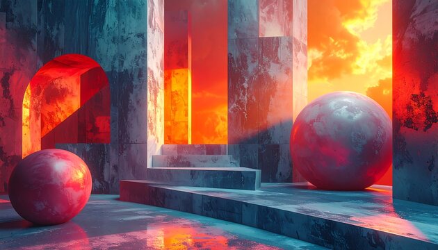 A vibrant, futuristic interior scene showcases a concrete architectural structure bathed in fiery hues of sunset.