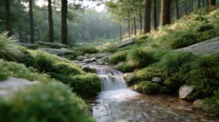 Sunlit Forest Stream Cascading over Rocks with Lush Green Moss Cinematic Tranquility