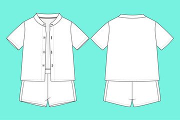 Infant Toddler Boys Short Sleeve Band Collar Shirt and Shorts Set Flat Sketch Vector Template.