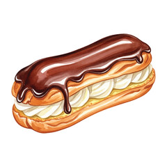 Watercolor Vector Éclair Illustration Isolated on White Background, Chocolate Glazed Pastry with Cream Filling Clipart for Bakery and Dessert Design
