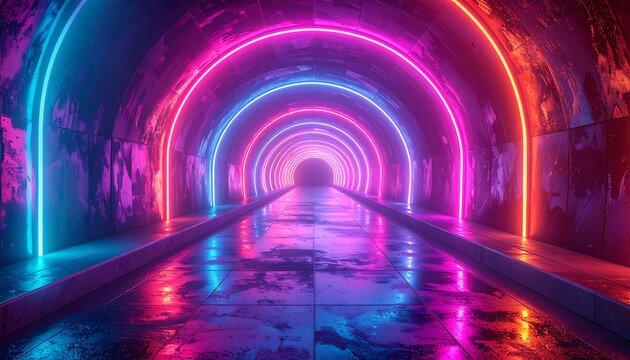 A vibrant neon tunnel with concentric arches of glowing pink and blue lights creates a futuristic and captivating ambiance.
