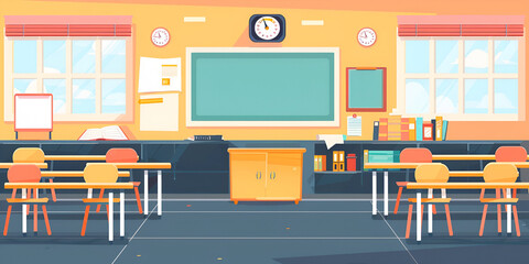 Bright and Spacious Classroom Filled with Desks and Chairs in a Colorful Environment for Learning and Engagement