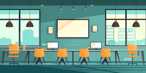 Modern Workspace Interior Featuring Desks With Computers and Orange Chairs in Bright Urban Office Environment with Large Windows and City View