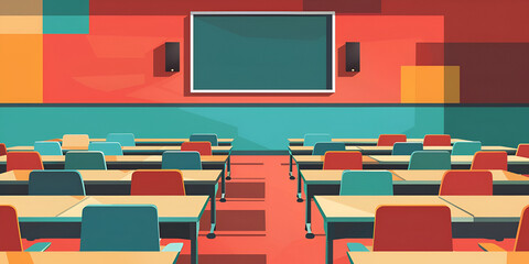 Empty Classroom with Colorful Desks and Chairs in a Modern Educational Setting with Interactive Board and Geometric Wall Design