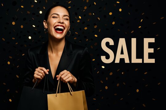 Black Friday mega sale banner with stylish smiling woman black and gold confetti bold typography and dramatic lighting for promotions