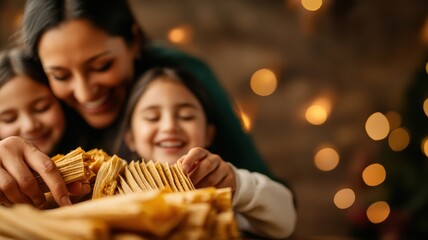 Joyful latina mother and children collaboratively preparing traditional homemade tamales for heartwarming festive holiday celebration emphasizing family togetherness with warm bokeh