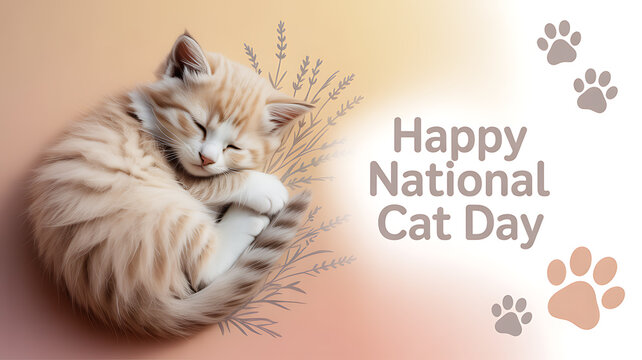 A sleeping orange tabby kitten curled up with decorative plants and paw prints, celebrating National Cat Day.