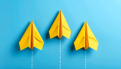 Three yellow paper airplanes fly upward against a bright blue background, with dashed trails beneath, symbolizing leadership, innovation, and creative direction in a vibrant visual metaphor.