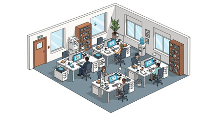 An isometric view of a modern office space filled with employees working diligently at their computers in a well-lit and organized environment.