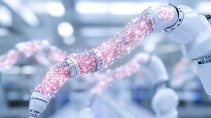 A white robotic arm with transparent casing revealing a glowing red interconnected network of light nodes