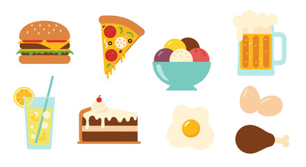 A collection of delicious food and drinks including burgers pizza ice cream and more for your design needs.