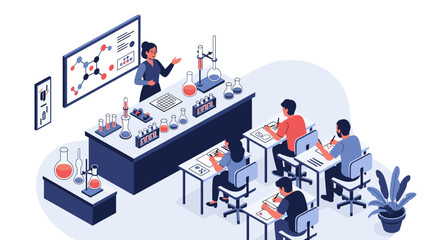 Students engage in a chemistry lesson with their teacher demonstrating chemical formulas.