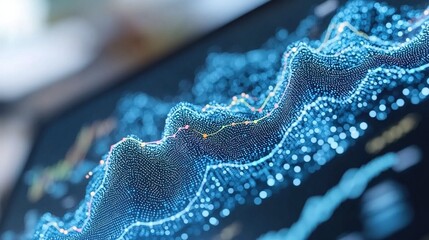 Close up of a digital screen displaying an abstract data visualization with glowing blue dots and colored trend lines