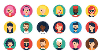 A vibrant collection of diverse cartoon avatars representing people from various backgrounds and ethnicities.