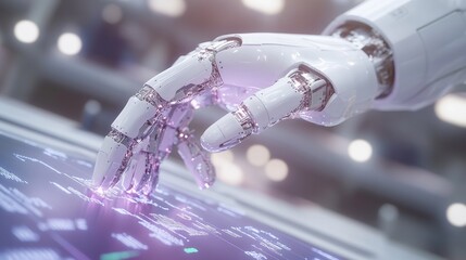 A white robotic hand with visible internal mechanisms touches a glowing purple digital interface displaying complex data
