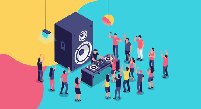 A vibrant isometric illustration of a dj playing music at a party surrounded by dancing people.