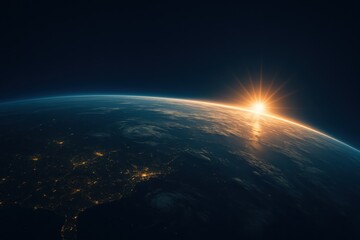 Fototapeta premium Earth horizon from orbit with sunrise glow and city lights across night side