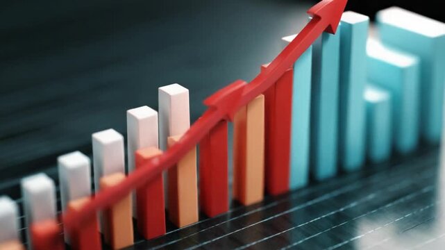 Financial Ascent: A dynamic illustration of rising financial metrics. The vibrant red arrow emphasizes growth against a backdrop of colorful bar graphs.
