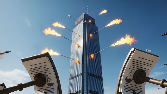 Legal Battles: Documents and Gavel Against a Burning Skyscraper