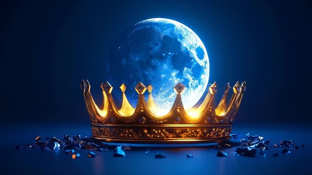Majestic crown reflecting in a lunar sphere with shattered crystals on a blue background