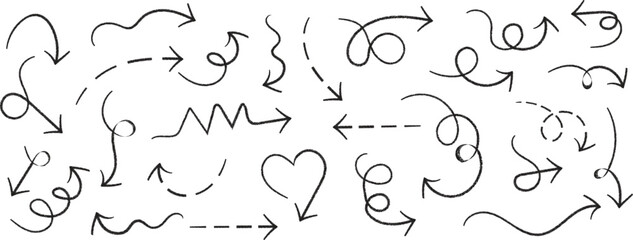 Collection of hand-drawn arrows with sketch, swirl, curve, and doodle styles. Creative direction symbols for presentations, infographics, and design projects. Fun decorative vector illustration.