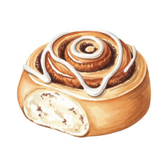 Watercolor vector illustration of sweet cinnamon roll pastry with icing on white background, delicious bakery dessert clipart
