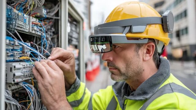 Tech-Savvy Technician: An IT technician diligently works on intricate technology, focused on a complex array of wires and equipment, wearing a protective hard hat and tech goggles.