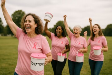 Joyful women in pink at charity walk cheering with donation buckets space for text hopeful smiles unity and strength supporting breast cancer awareness