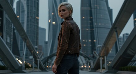 Urban fashion model posing in futuristic cityscape evening portrait modern architecture dramatic atmosphere