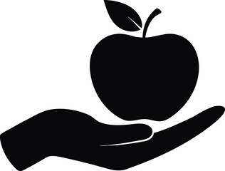 Hand holding apple silhouette vector illustration, Apple in hand icon silhouette vector illustration