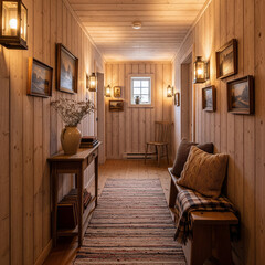 Fototapeta premium Cozy Rustic Corridor – warm lighting, wood textures, and vintage elements.