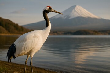 Obraz premium Elegant Japanese red-crowned crane standing near water with Mount Fuji in the background. Perfect for cultural, travel, and heritage artwork.